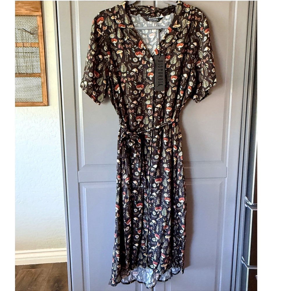 Disturbia Whimsigoth Luthien Mushroom Woodland Midi Shirt Dress, Black, 14 (NWT)